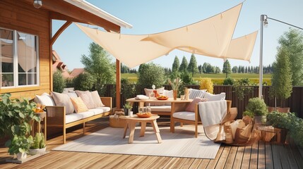 Fototapeta premium Inviting outdoor space with cozy seating and sun shades for summer gatherings. Generative AI