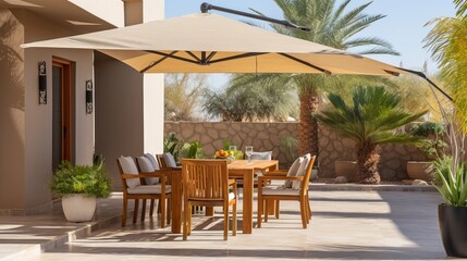 Fototapeta premium Outdoor dining area with large umbrella surrounded by tropical plants. Generative AI