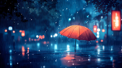 Illustration of an umbrella in the rain with raindrops falling around. perfect for weather-themed designs and rain-related concepts. Rainfall. Illustration