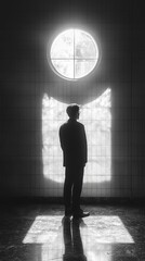 Obraz premium Silhouette of a Person Standing by a Circular Window in a Dimly Lit Room with Sunlight Creating a Rectangular Shadow on the Floor Surrounded by Tiled Walls