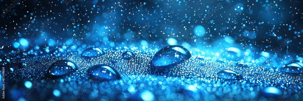 Poster macro shot of water droplets on a textured surface with bokeh effect.
