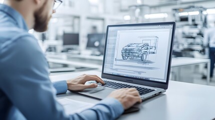 A male engineer uses a laptop to design a vehicle. The screen displays a detailed CAD drawing of a car.  He's working in a modern, bright office.