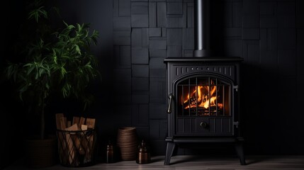 Obraz premium Warmth and comfort radiate from a black stove in a cozy corner setting. Generative AI