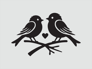 Minimalist Silhouette of Two Love Birds Sitting on a Branch Vector Illustration