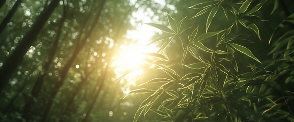 Obraz premium Sunlit foliage in lush green forest.