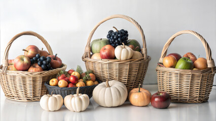 Rustic Baskets of Apples, Pumpkins, and Grapes Celebrating a Cozy Fall Harvest