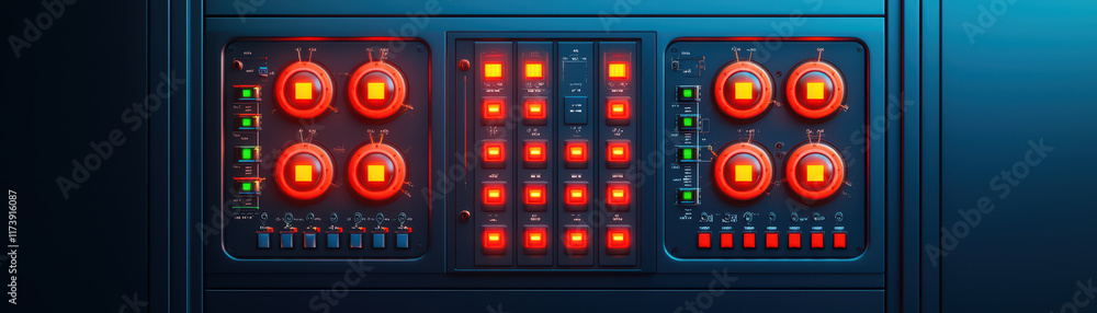 Poster futuristic control panel with glowing buttons and lights in dark tones
