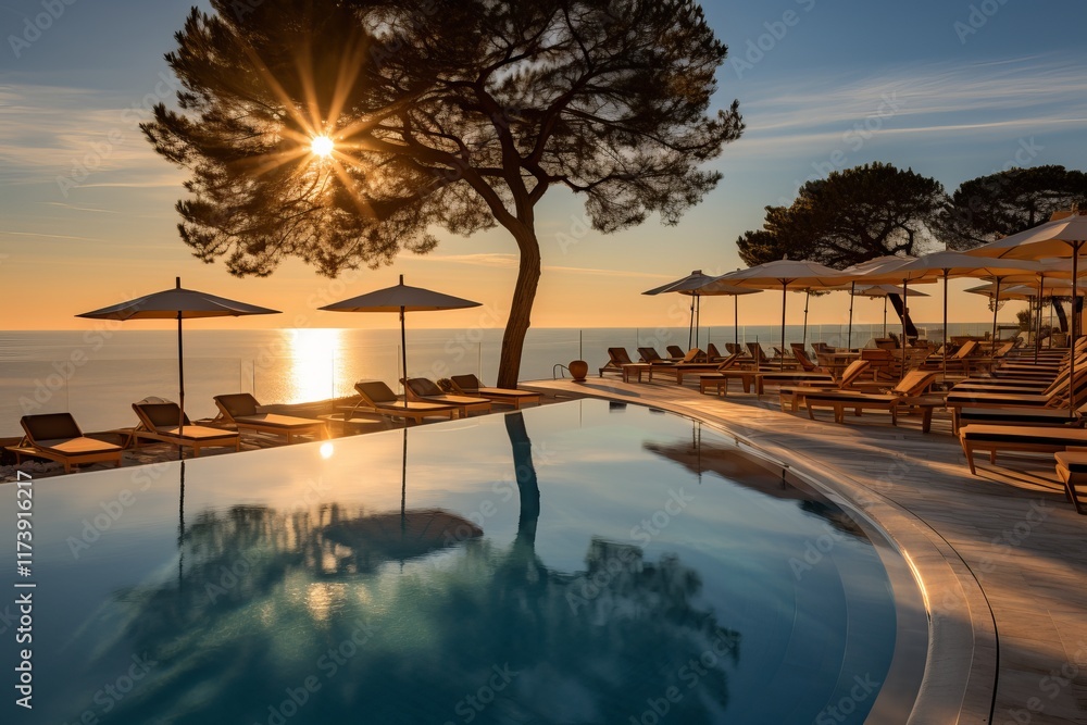 Poster relaxing sunset by the pool with serene views of the ocean and palm trees. generative ai