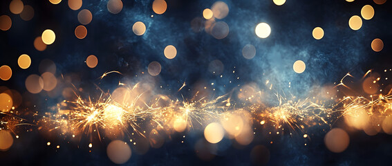 Obraz premium Gold and dark blue Fireworks and bokeh in New Year eve and copy space. Abstract background holiday.