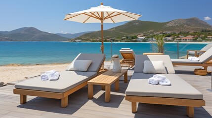 Obraz premium Relaxing beachfront retreat with cozy lounge chairs and a scenic view. Generative AI