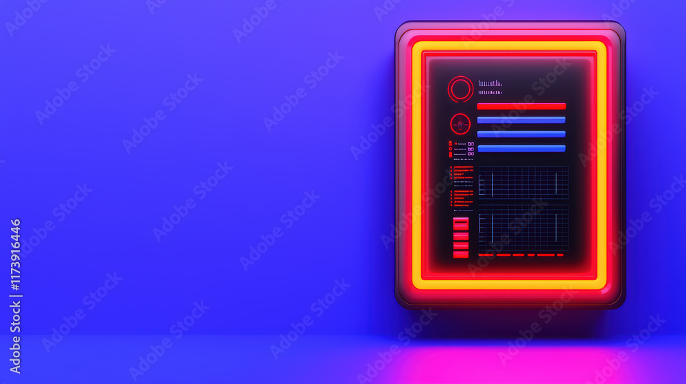 Poster futuristic display panel with vibrant neon colors and data visualization