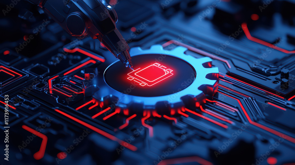 Aufkleber futuristic robotic hand interacting with microchip on circuit board