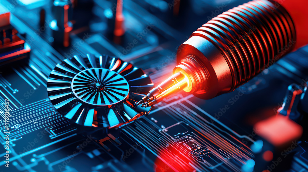 Aufkleber high tech close up of futuristic circuit board with precision tool