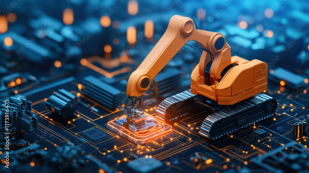 Poster robotic arm assembling components on circuit board, showcasing technology