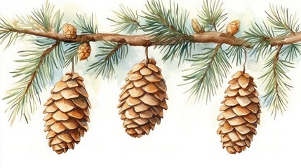 Watercolor Illustration of Pine Cones on Pine Branch with Natural Lighting and Earthy Tones