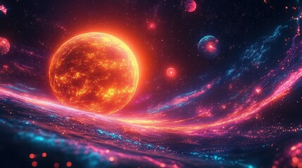 Obraz premium Cosmic Scene of Glowing Planet with Neon Trails in Futuristic Sci-Fi Style