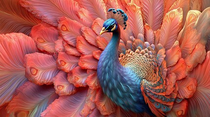 Obraz premium Majestic peacock amidst vibrant, surreal plumage.