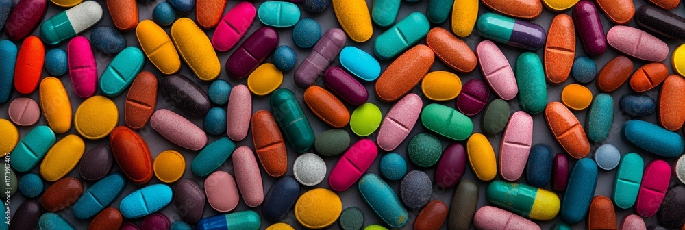 Poster Many colorful pills and capsules of various shapes and sizes are arranged on a gray surface, creating a vibrant and textured medical background