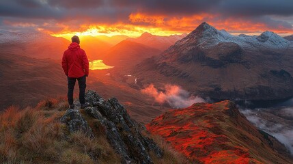 Fototapeta premium Man admires sunset over dramatic mountain range.