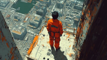 Fototapeta premium Anime Construction Worker in Orange Jumpsuit on Dynamic Urban Construction Site