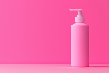 Pink cosmetic bottle mockup on vibrant pink background, ideal for branding