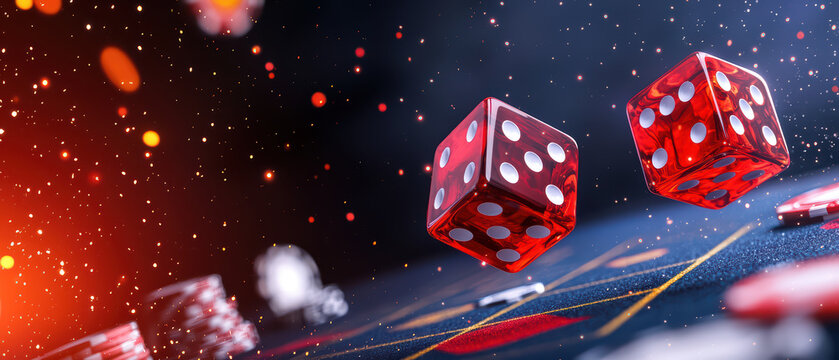 Rolling red dice on craps table with vibrant background lights