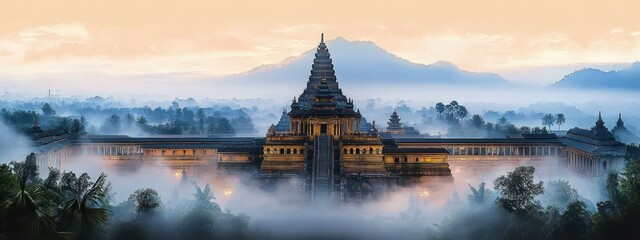 Fototapeta premium Impressionistic Watercolor of a Majestic Temple at Sunrise in Tamil Nadu