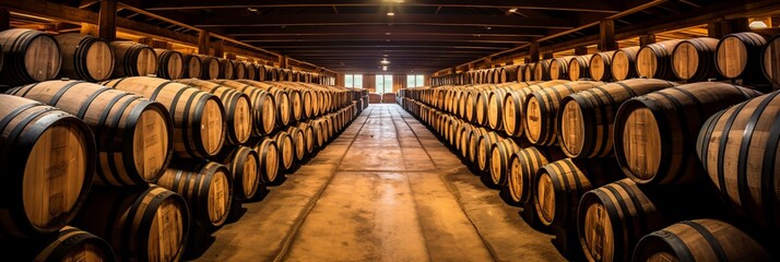 Exploring the artistry of barrel aging in a rustic storage facility. Generative AI