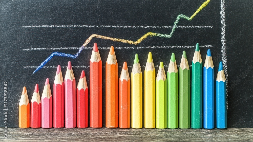 Poster colored pencils arranged by height form an upward trend against a blackboard with a growth chart. id