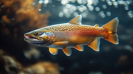 Naklejka premium Close-up Underwater Image of a Vibrant Trout Amidst Aquatic Vegetation, Highlighting Fin Patterns and Scale Colors in Natural Freshwater Habitat