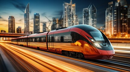 Modern train speeds through a vibrant cityscape at dusk. Generative AI