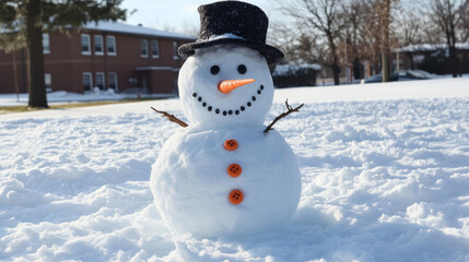 Obraz premium The face of a snowman with a carrot, hat and buttons