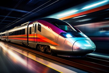 Naklejka premium High-speed train gliding through a vibrant railway station at night. Generative AI