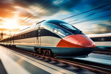 Obraz premium High-speed train racing through the countryside at sunset. Generative AI