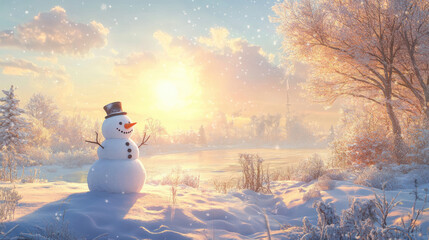 Fototapeta premium Snowman in a Natural Winter Landscape