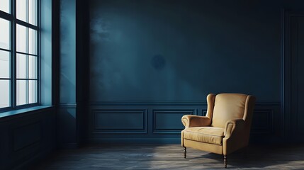 A dark blue wall with a cozy armchair for a stylishly decorated interior