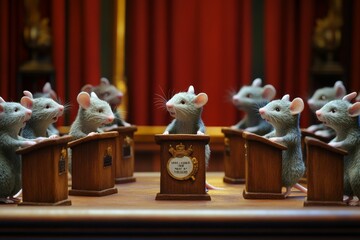 Rodents convene at miniature wooden podiums.