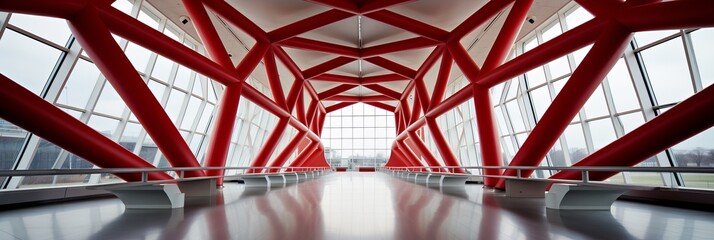 Striking architectural design showcases vibrant red framework under soft light. Generative AI