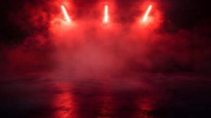 Fototapeta premium A dark, empty room with a concrete floor illuminated by neon red light and filled with smoke for a mysterious setting