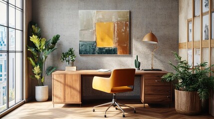 Sleek and Modern Workspace and modern wall art, copy space