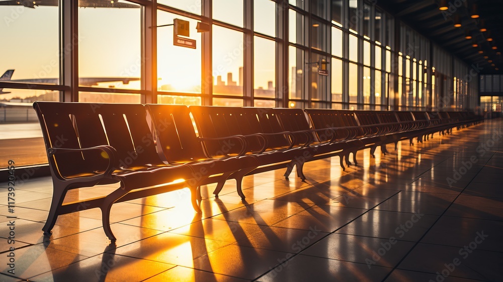 Poster sunset glow highlights empty seating in modern airport terminal. generative ai