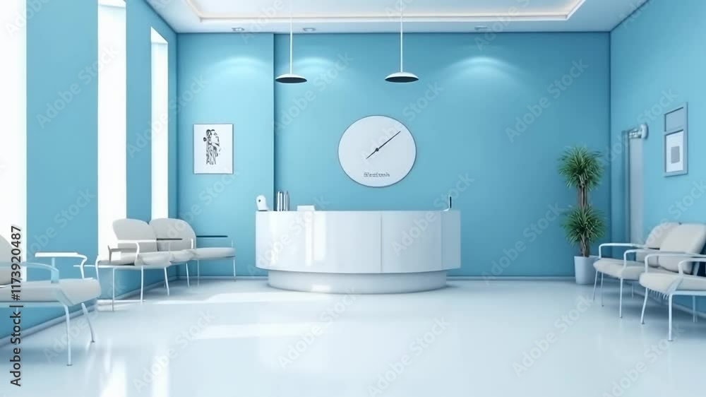 Leinwandbilder White modern reception desk in a light blue waiting room with several empty chairs and a clock on the wall, creating a serene and welcoming atmosphere