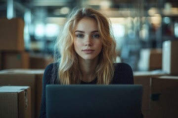 Serene Workspace Scene with Female Entrepreneur in Black Outfit Using Laptop Surrounded by Cardboard Boxes