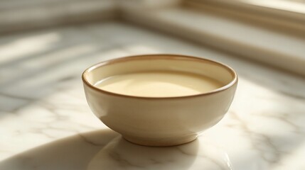 Obraz premium Creamy beige liquid in a small bowl on marble.