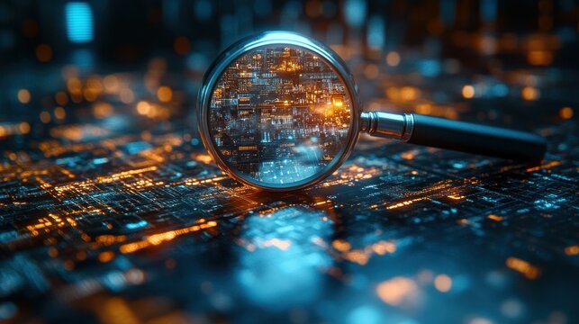 IT Security Risk Assessment with Magnifying Glass Over Documents in Abstract Cyberpunk Atmosphere Focused on Digital Protection and Analysis