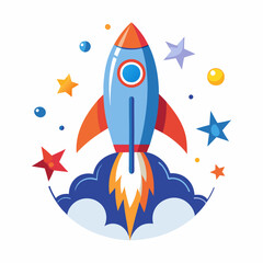 Colorful Rocket Launch with Stars and Planets Vector Design