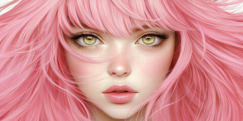 Obraz premium Beautiful young woman with big eyes and pink hair, digital art in Anime manga illustration style.