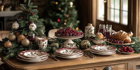 Naklejka premium A beautifully decorated holiday table setting, complete with festive plates, glasses of wine, and a centerpiece arrangement of seasonal fruits and greenery.