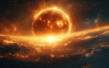 Hyper-realistic Cosmic Scene with Glowing Sun and Distant Planet in Space