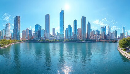 Obraz premium On a beautiful summer afternoon, the South Bank Parklands, Brisbane River, and city skyline come together in a stunning panorama